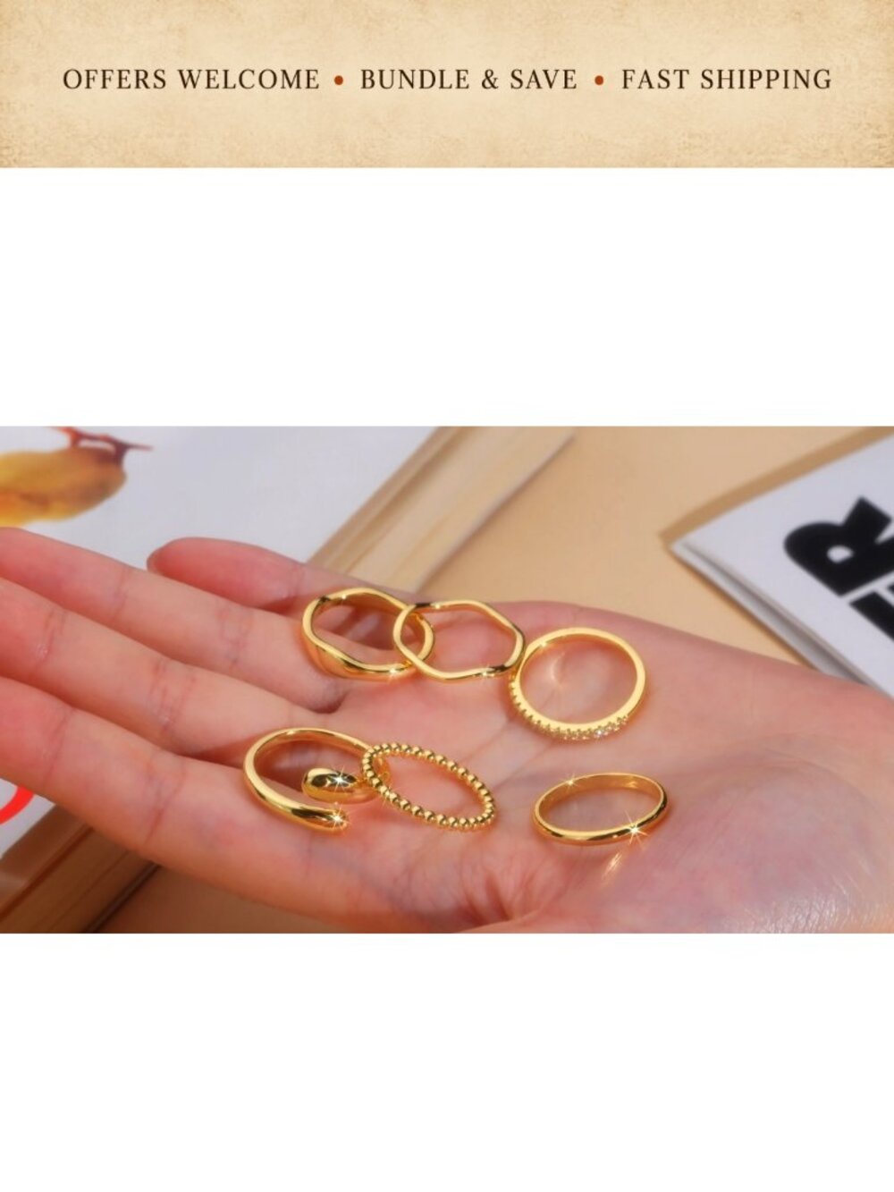 14K Gold Plated Stackable Rings Set 6 Piece Waterproof Band Rings - Picture 6 of 6